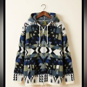 Vintage Rumiñahui Ecuador Wool Blend Zip Up Hoodie Sweater Geometric Tribal Men